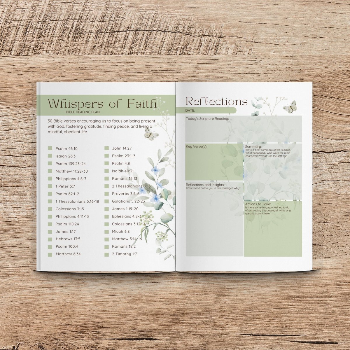 Interior of Whispers of Faith with 30 day scripture reading plan and space to journal.